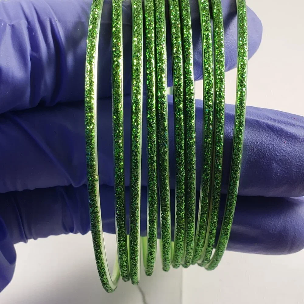 Women's Stunning Set of 10 Green Sparkling Bangle Bracelets, Size 8